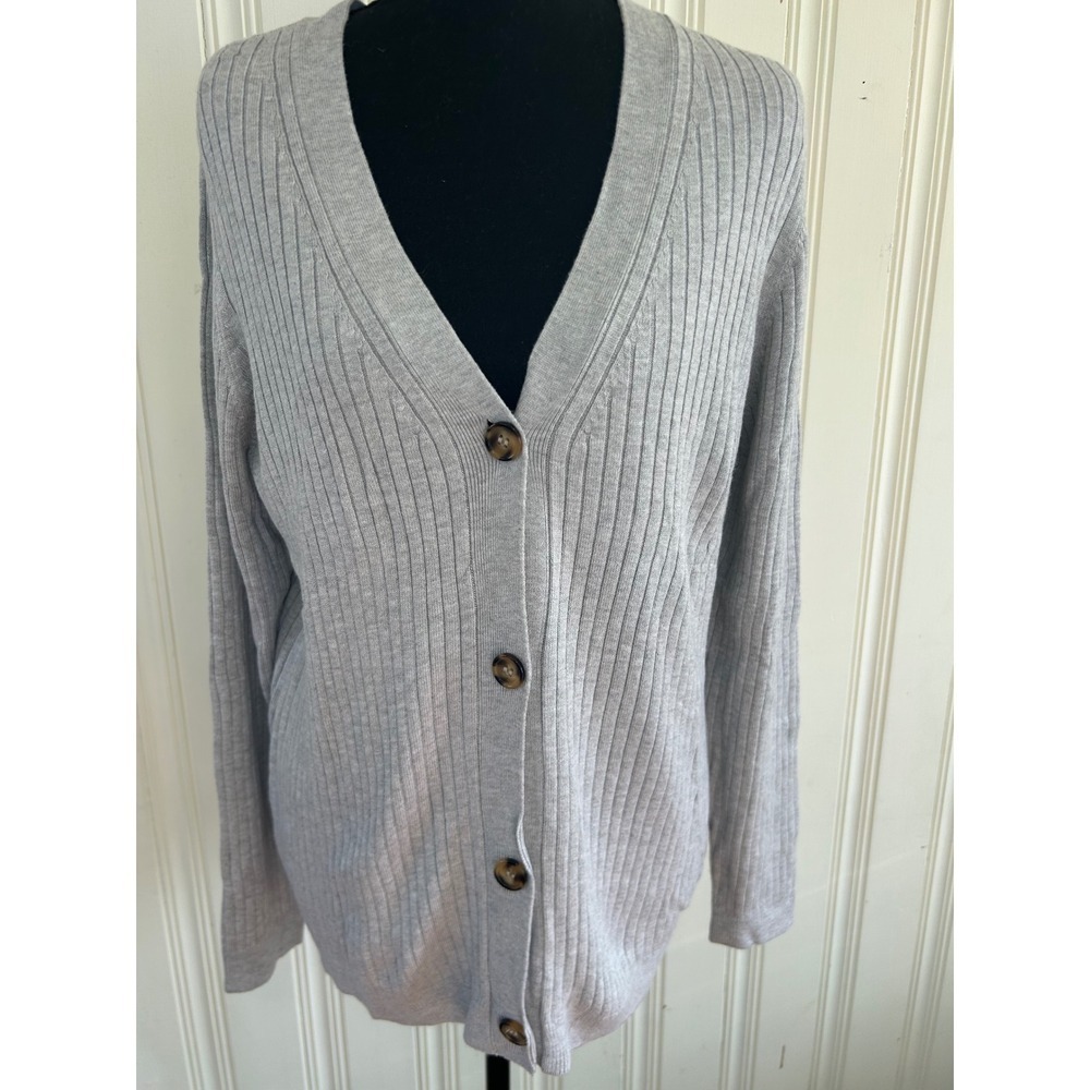 Soft Surroundings M Gray Ribbed V-Neck Button Front Cardigan Sweater Quiet Lux